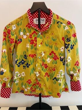 Beene Bazar Vintage Y2K Mustard Yellow Floral Polka Dots Button-Up Shirt